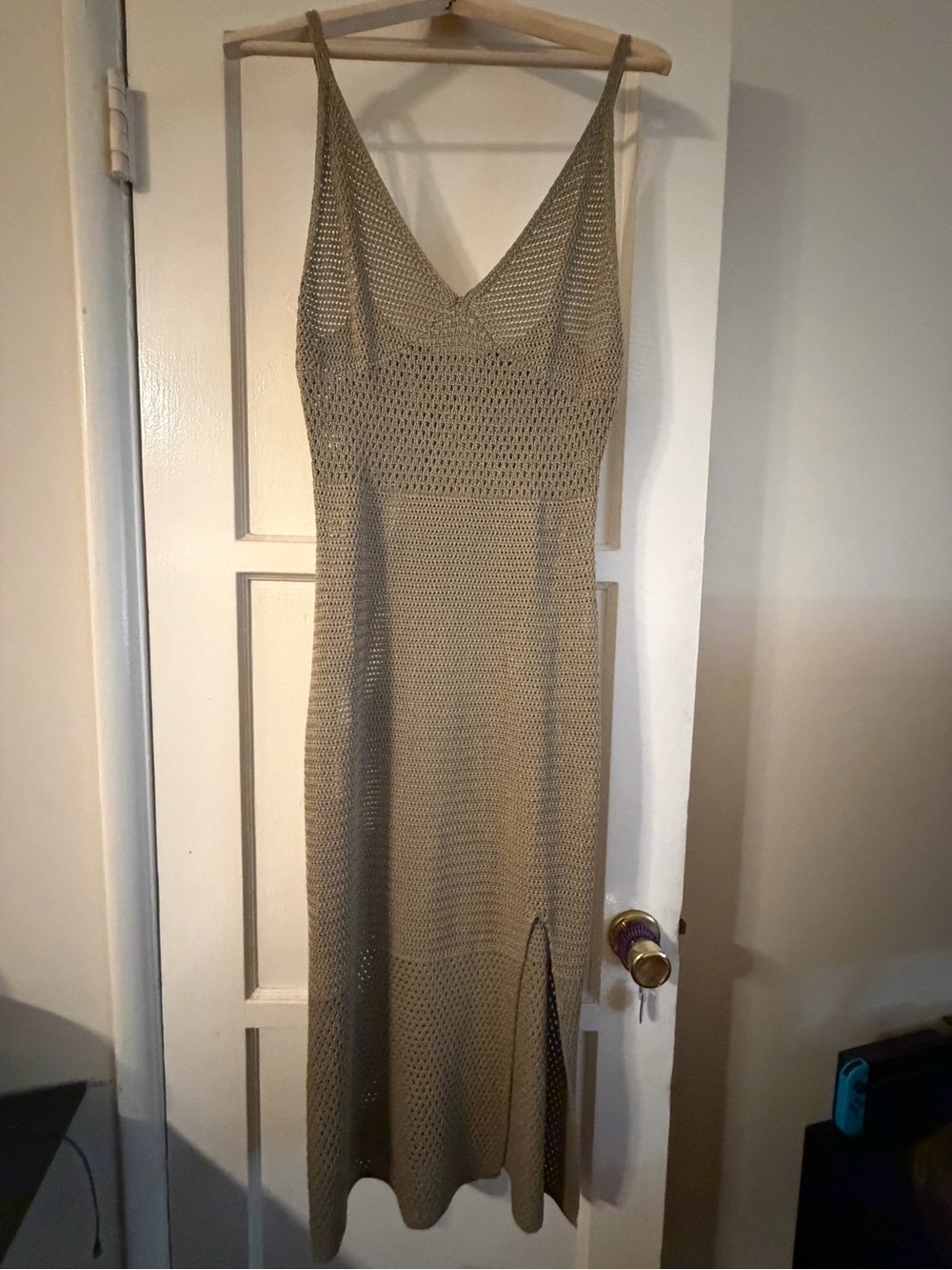 Aritzia Crochet Midi Slip Dress in Taupe Beige
